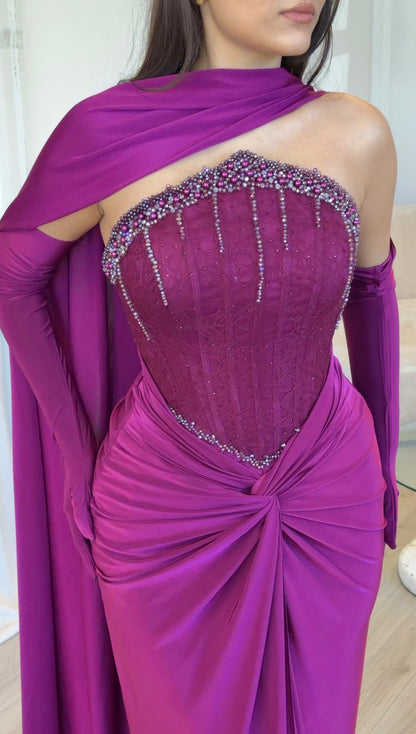 Corset Evening Gown with One-Shoulder Cape