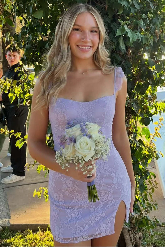 Ruffled Lace Bodycon Mini Dress with Slit