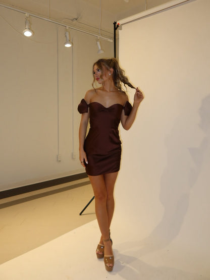 Sweetheart Bow Sleeve Satin Bodycon Mini Dress