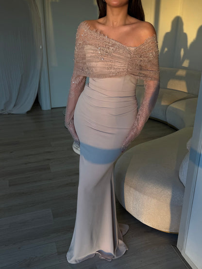 Off-the-Shoulder Beaded Lace Maxi Dress
