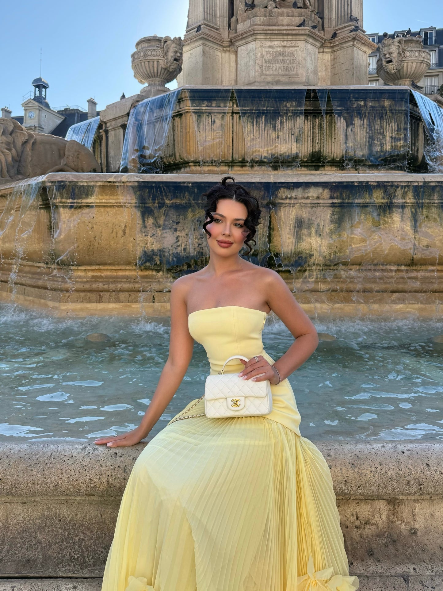 Strapless Pleated Evening Gown with 3D Florals