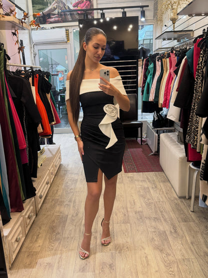 Off-Shoulder Wrap Mini Dress with 3D Flower Detail
