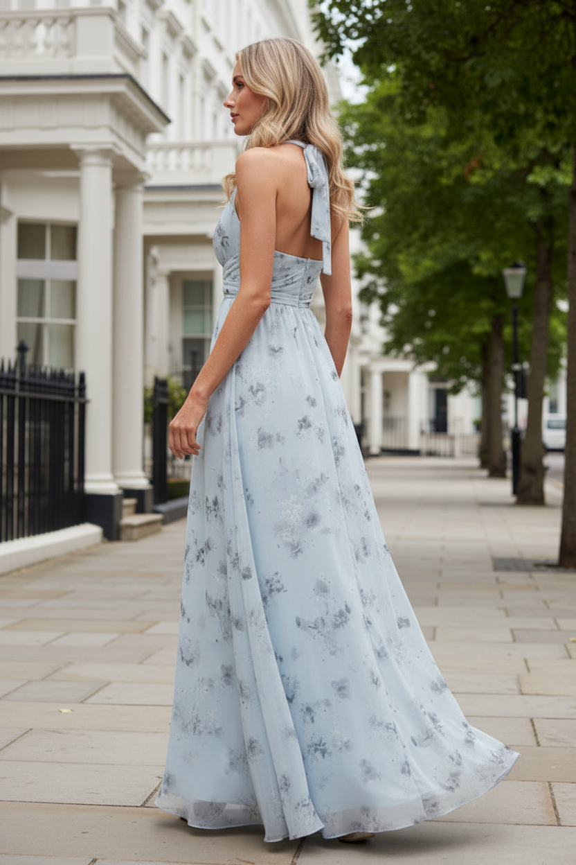 Floral Print Halter Neck Chiffon Maxi Dress