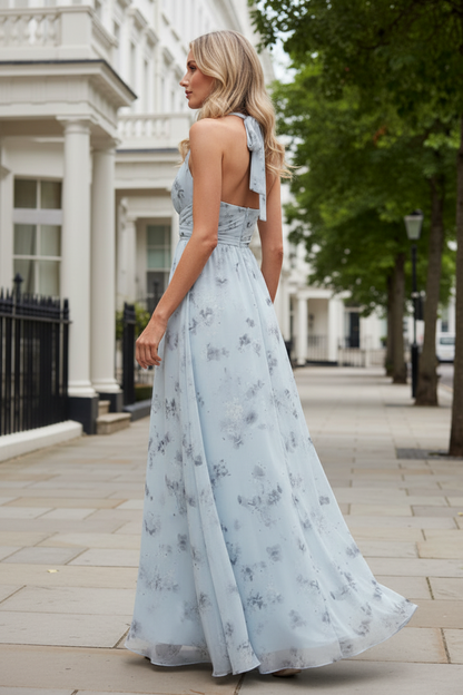 Floral Print Halter Neck Chiffon Maxi Dress