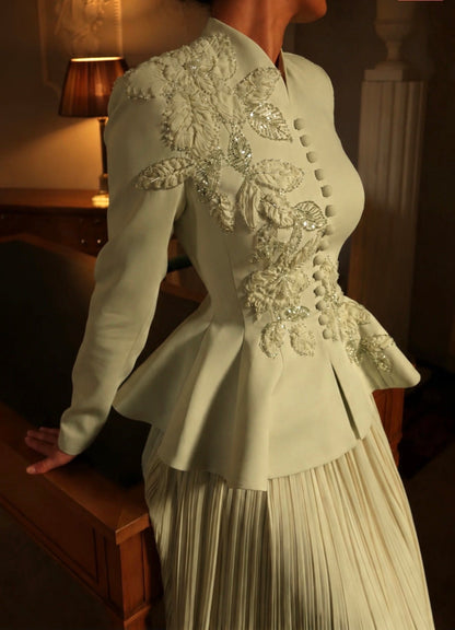 Embroidered Peplum Jacket and Pleated Skirt Set