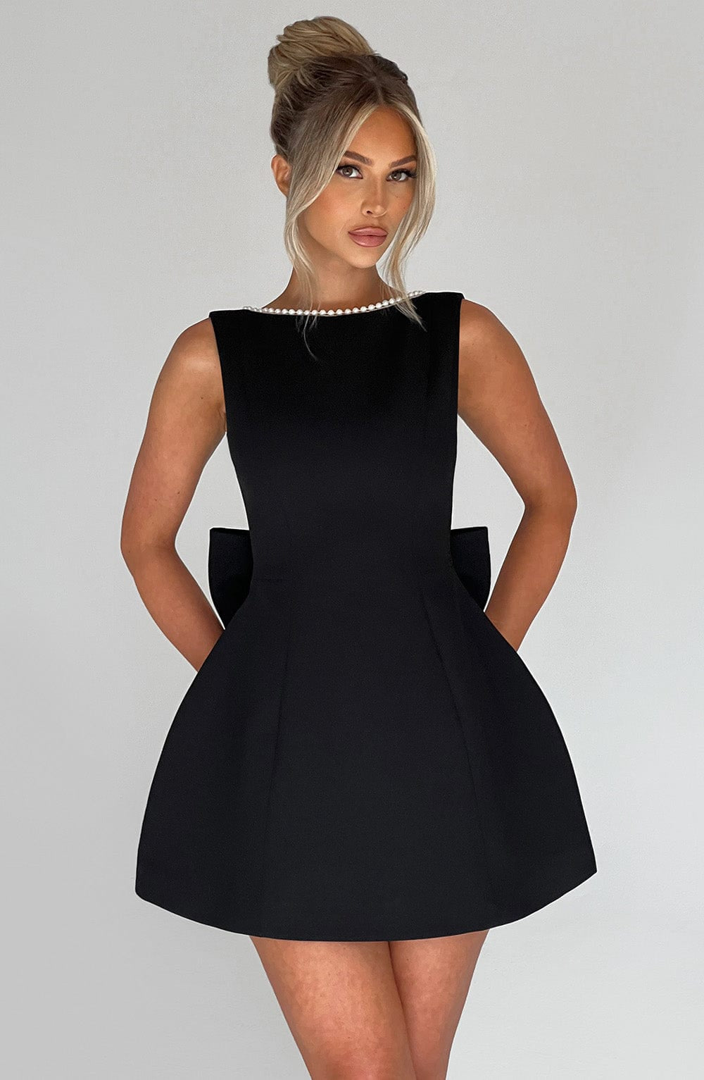 Pearl Trim Open Back Mini Dress with Statement Bow