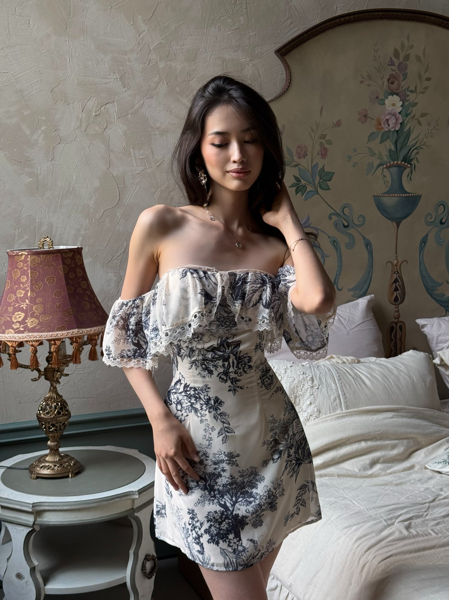 Off-the-Shoulder Floral Ruffle Mini Dress