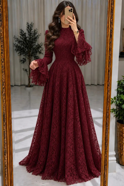 High-Neck Lace Maxi Gown with Flared Bell Sleeves