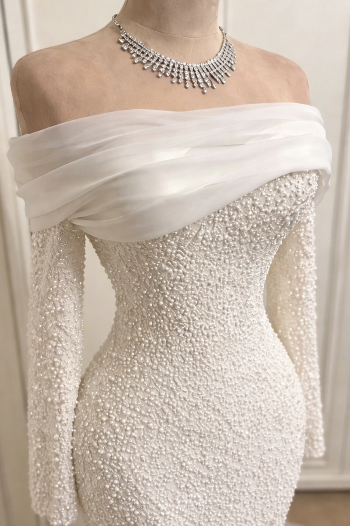 Off-the-Shoulder Pearl Beaded Mermaid Wedding Dress