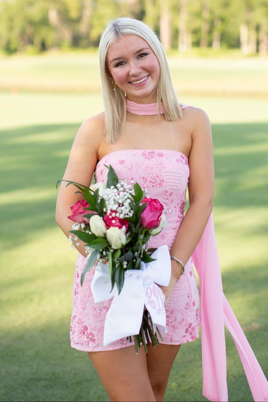Strapless Sequined Mini Dress with Neck Sash