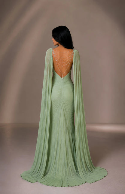 Pleated Cape Sleeve Gown with High Slit and Low Back