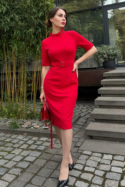 Belted High Neck Midi Sheath Dress with Short Sleeves