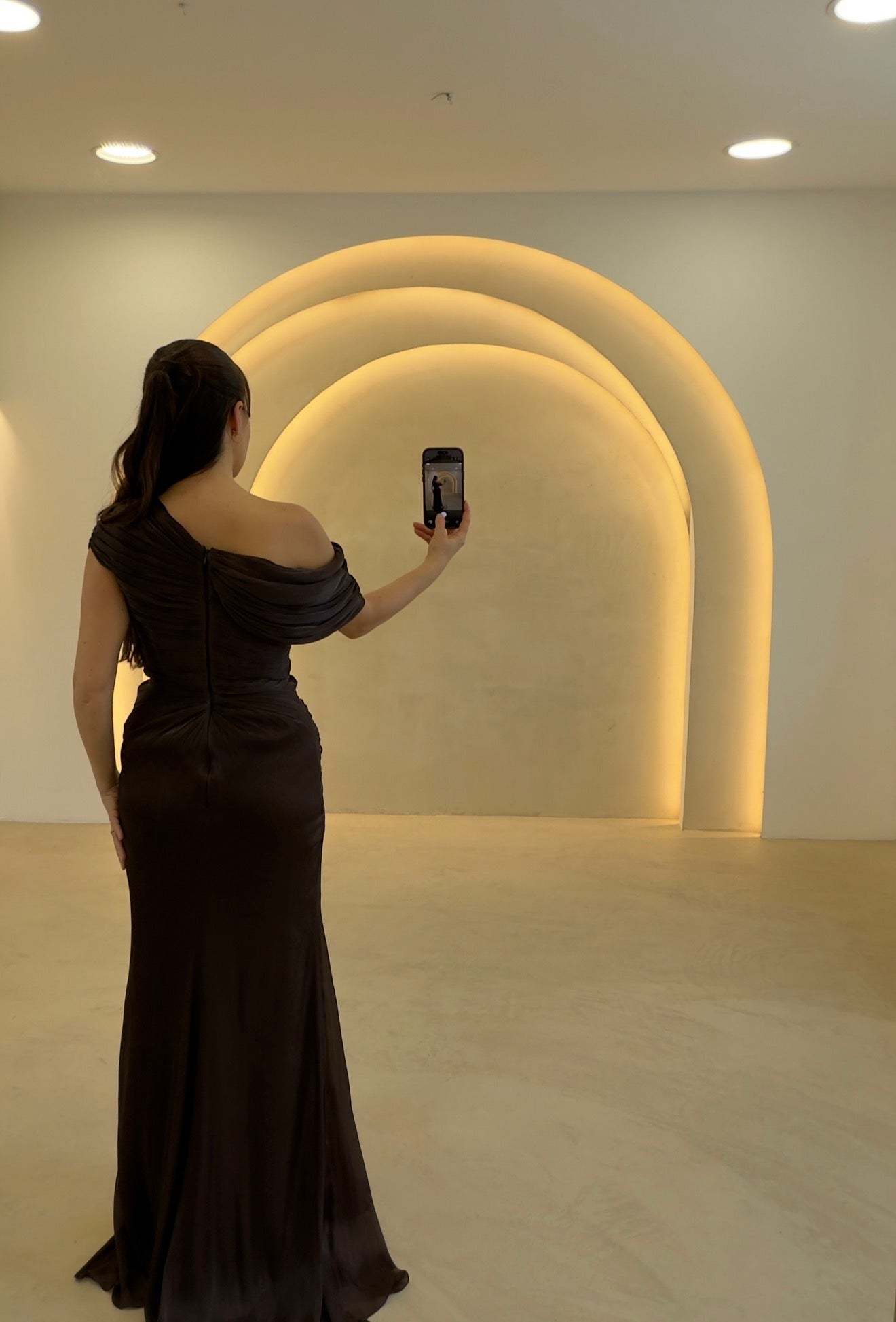 Draped One-Shoulder Column Evening Dress