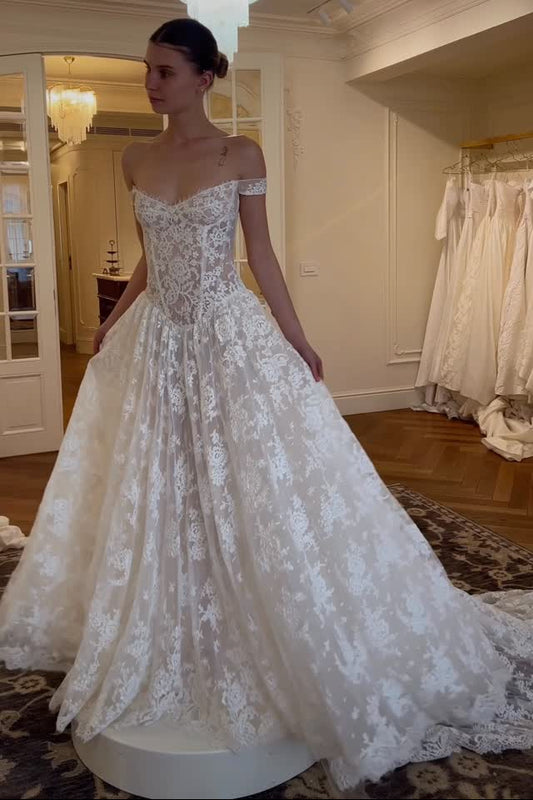 Off-the-Shoulder Lace Corset Ball Gown Wedding Dress