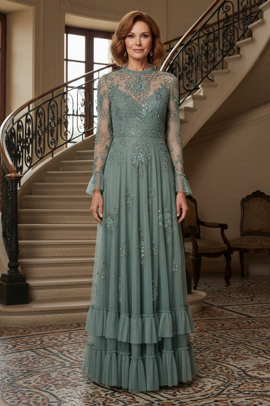 Floral Beaded Illusion Tulle Maxi Gown with Ruffle Hem