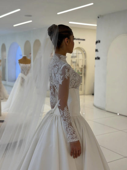 High Neck Lace Bodice Ball Gown Wedding Dress
