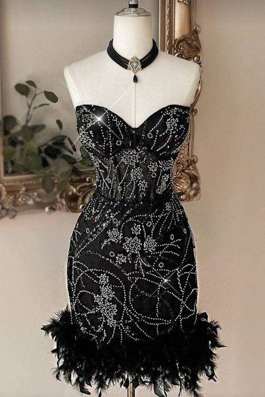 Beaded Strapless Corset Mini Dress with Feather Hem
