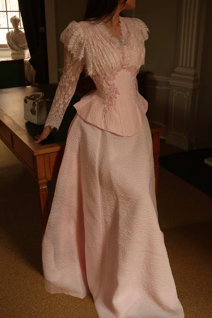Lace Long Sleeve Corset Peplum Ball Gown