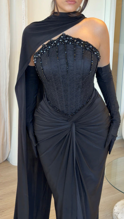 Corset Evening Gown with One-Shoulder Cape