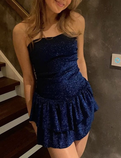 Strapless Glitter Tiered Ruffled Mini Dress