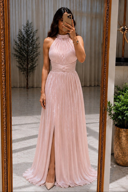 Pleated Halter Maxi Dress with Front Slit