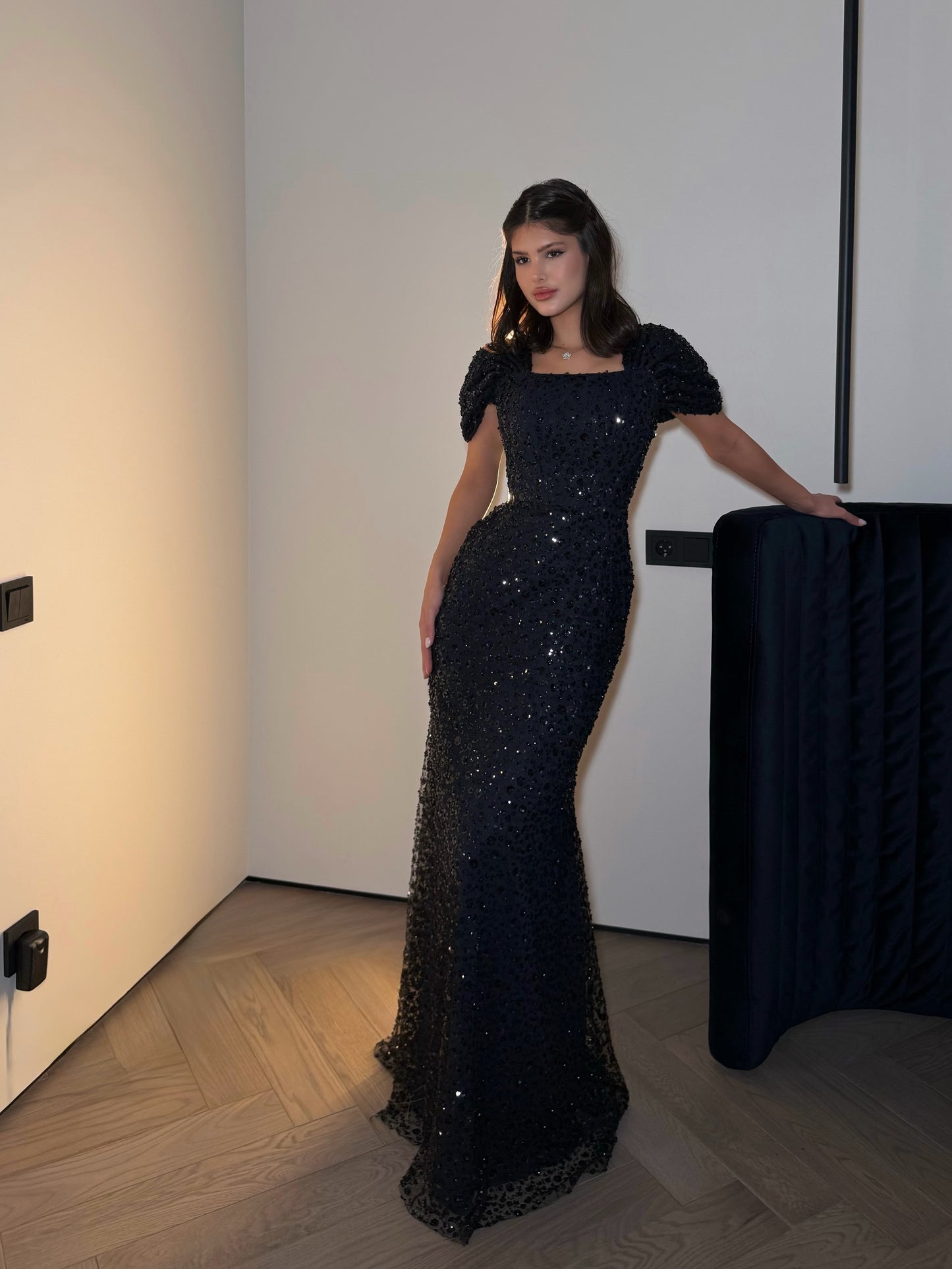 Sequin Square Neck Gown with Cap Sleeves