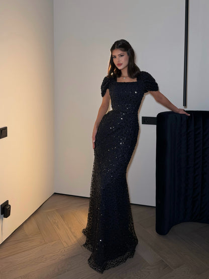 Sequin Square Neck Gown with Cap Sleeves