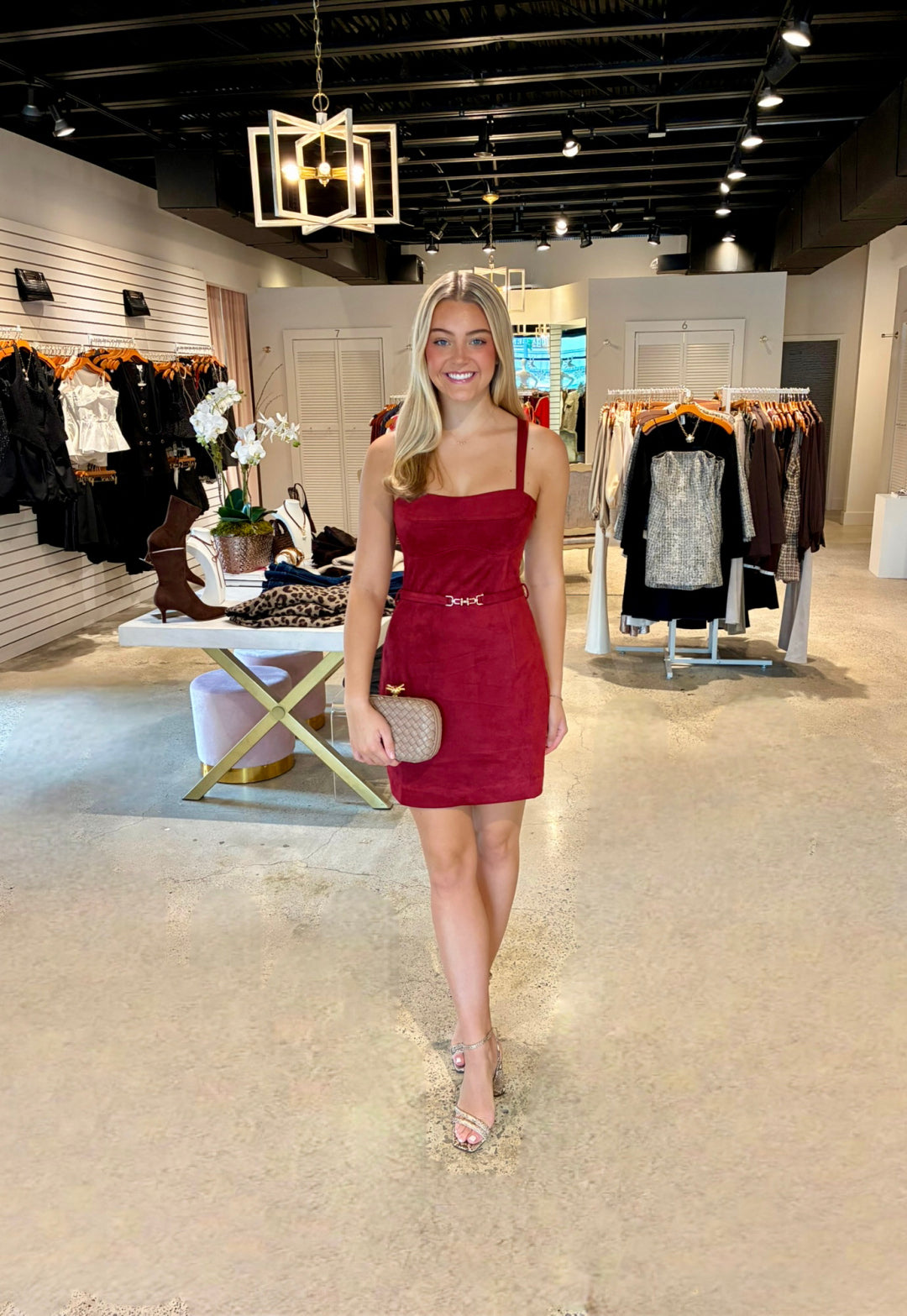 Square Neck Sleeveless Belted Mini Dress
