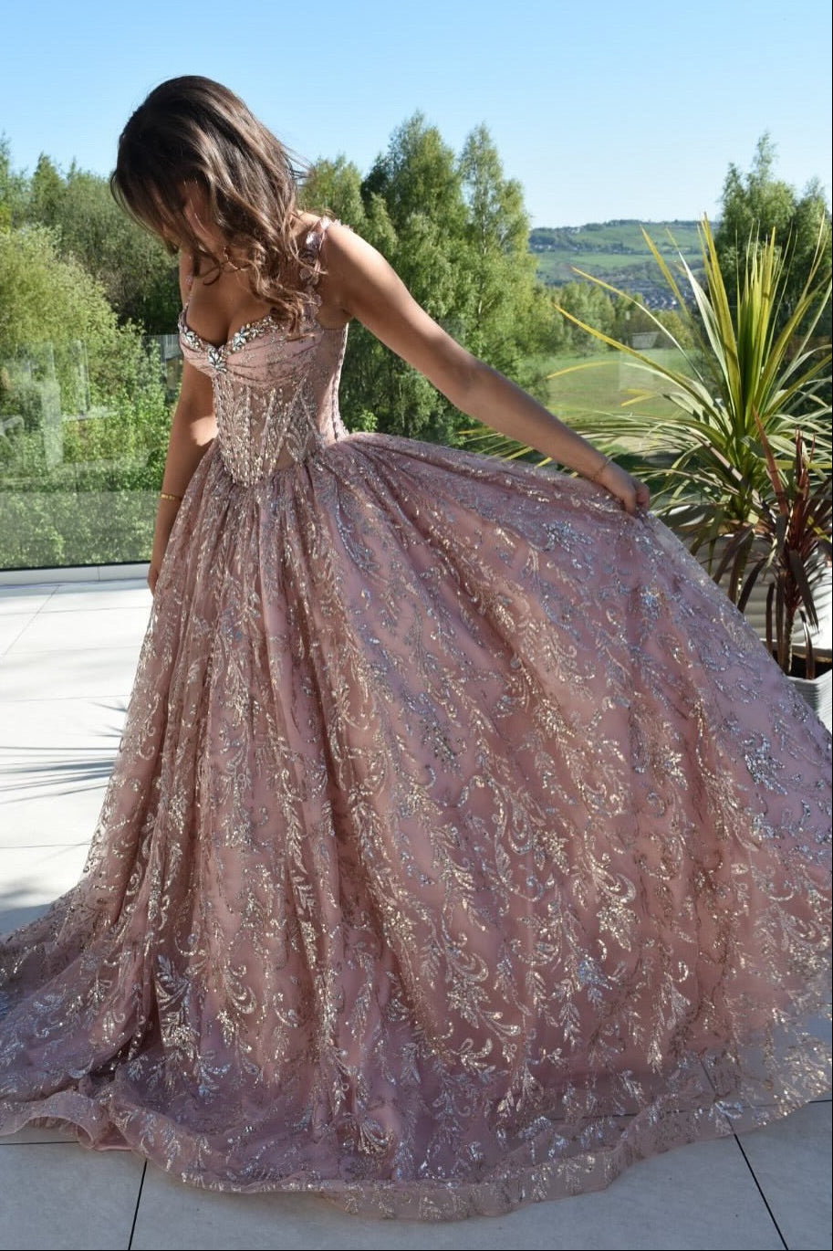 Glitter Corset Ball Gown with Beaded Sweetheart Bodice