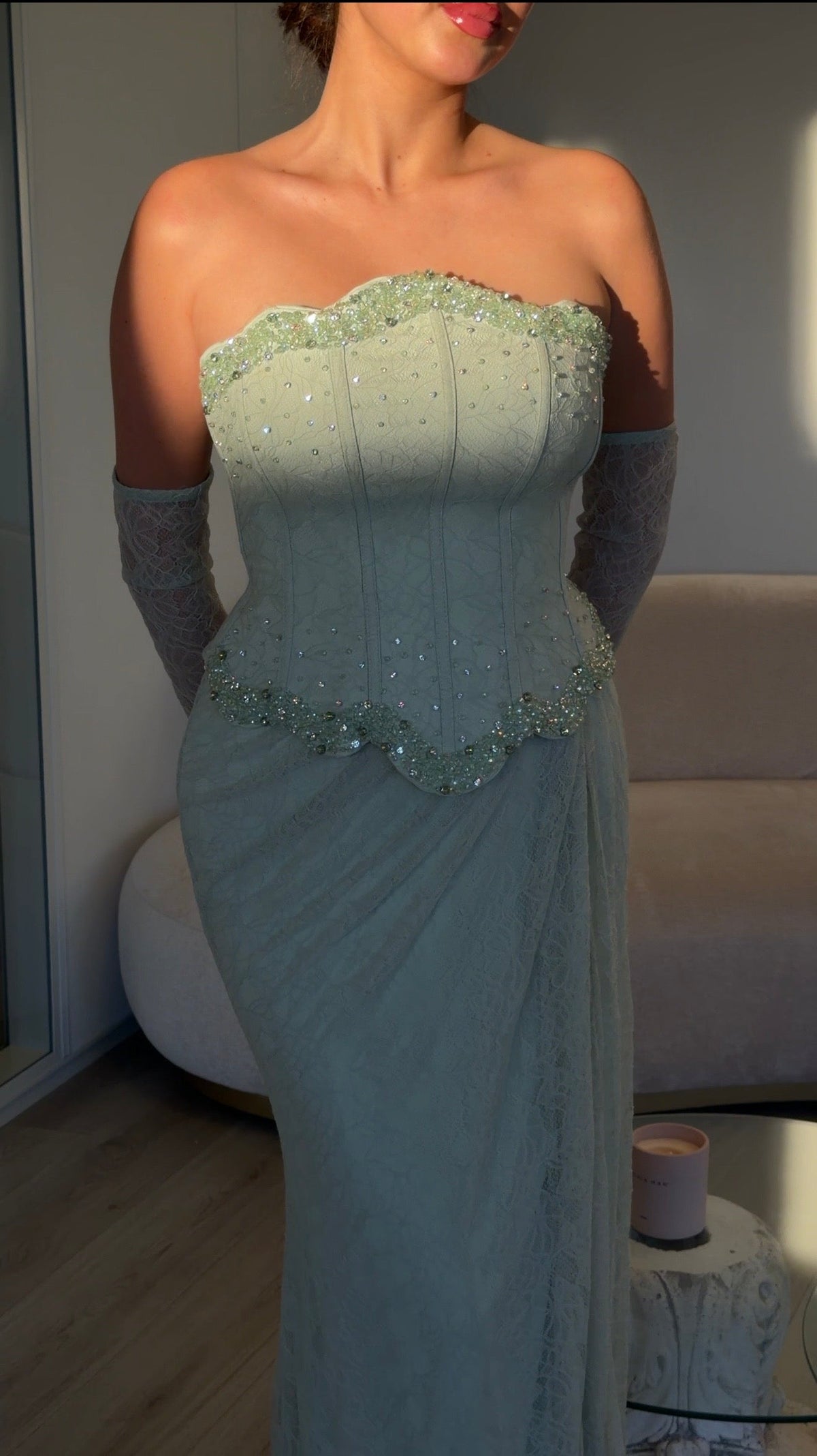 Strapless Beaded Corset Lace Evening Gown with Gloves