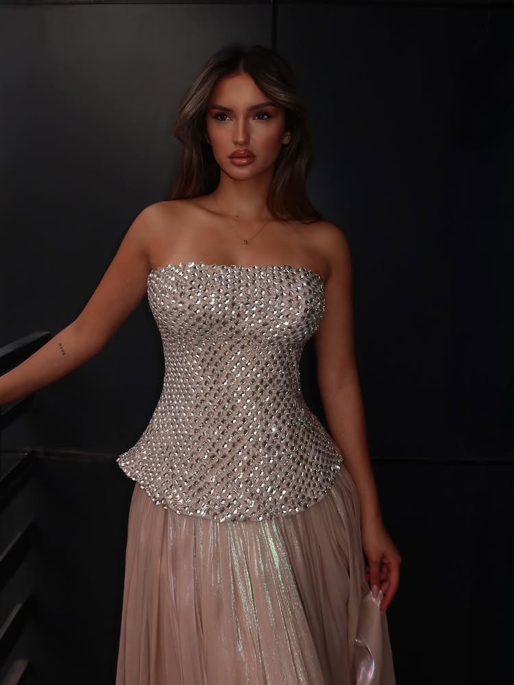 Strapless Crystal Corset Metallic A-Line Gown