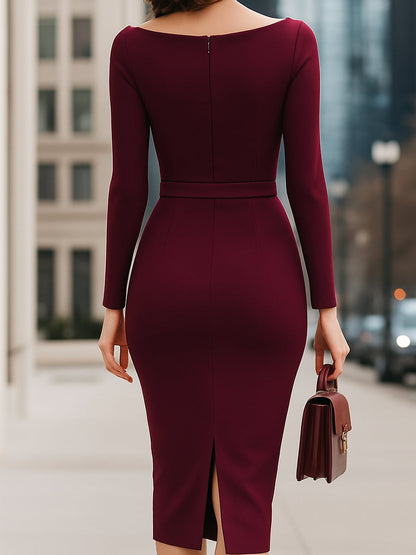 Asymmetric Fold Collar Long Sleeve Belted Midi Dress