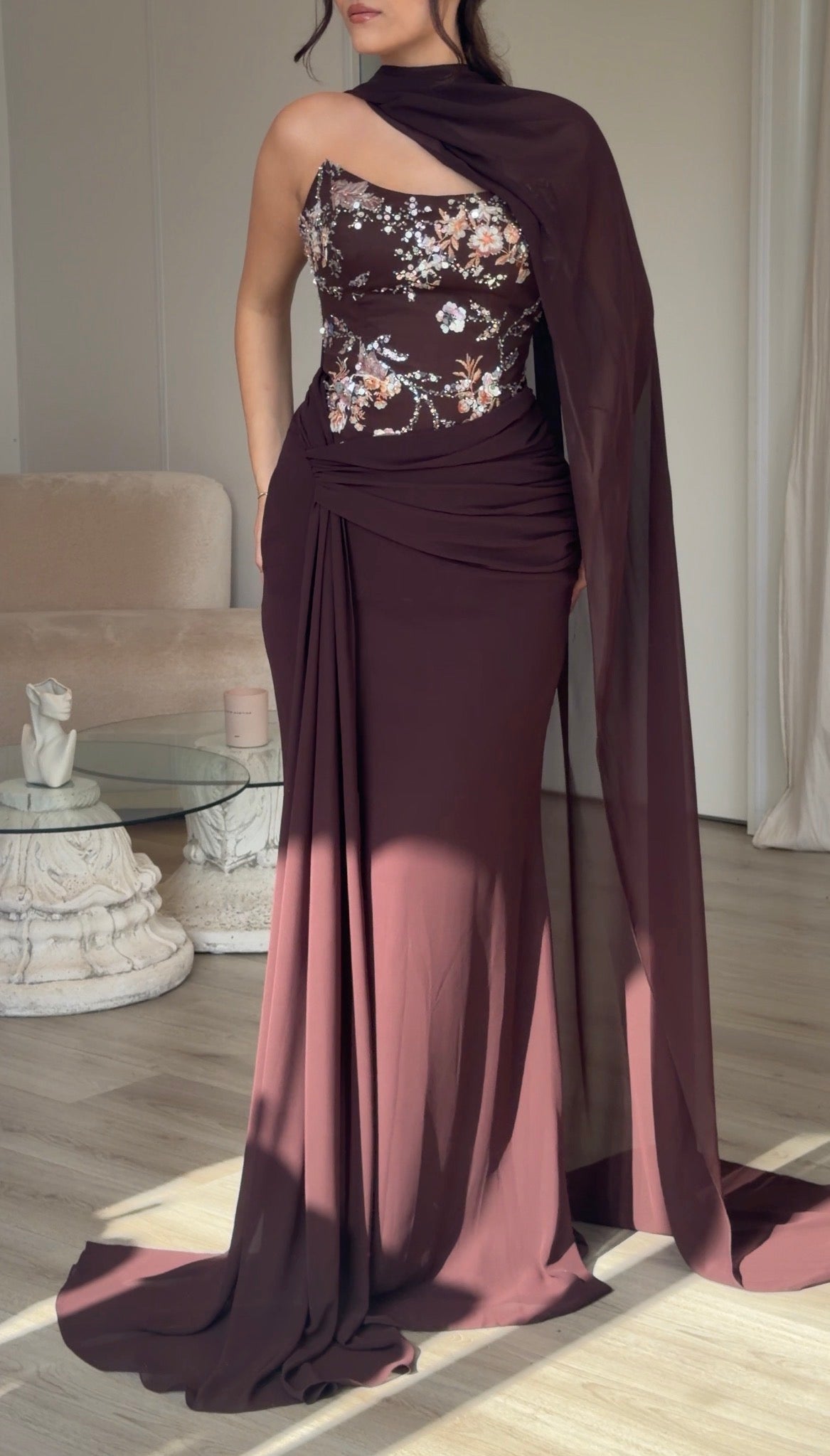 Embroidered Corset Gown with Scarf Cape