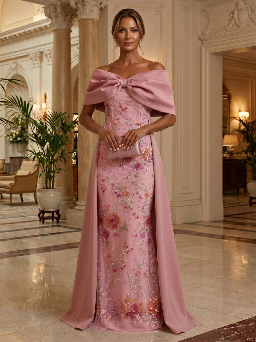 Off-Shoulder Floral Embroidered Gown with Overskirt