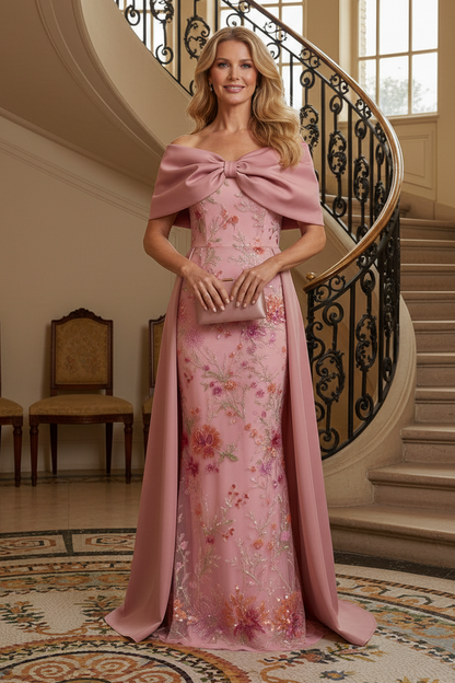 Off-Shoulder Floral Embroidered Gown with Overskirt