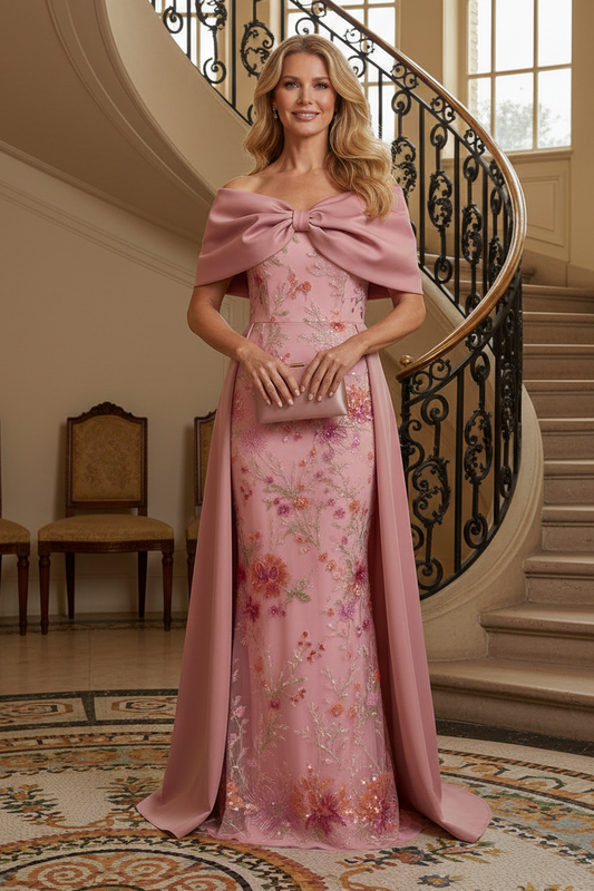Off-Shoulder Floral Embroidered Gown with Overskirt