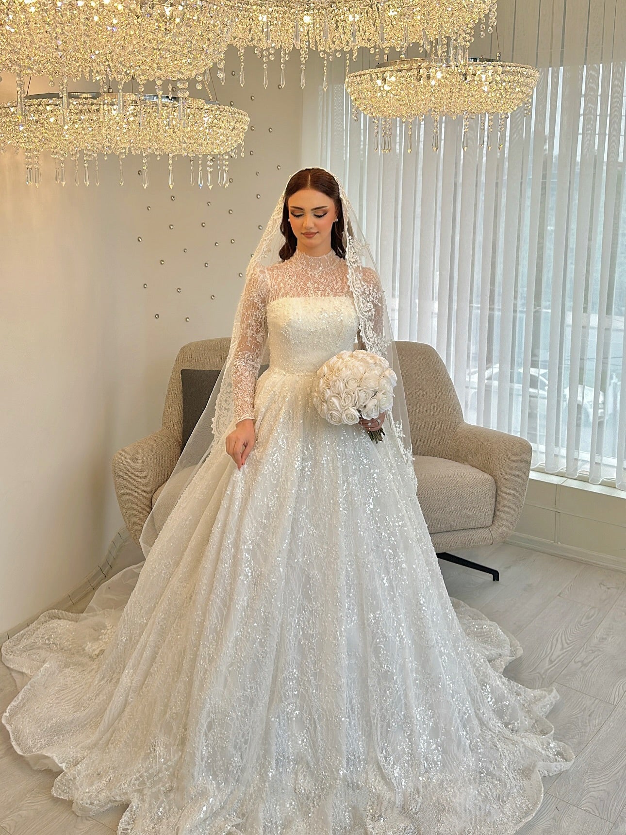 Illusion Long Sleeve Beaded Ball Gown Wedding Dress