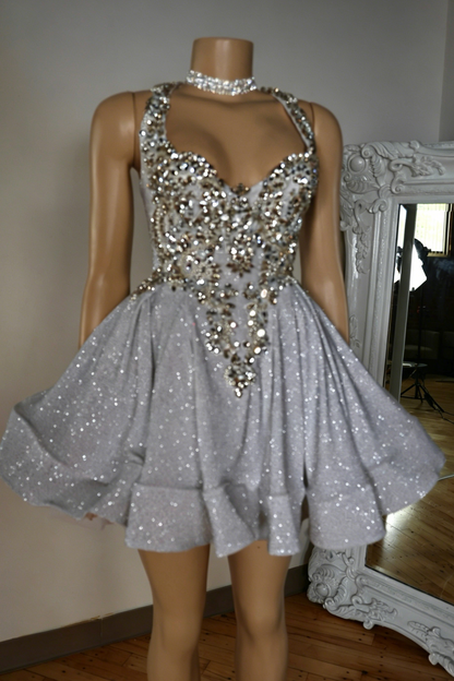 Glitter Halter Mini Dress with Beaded Bodice