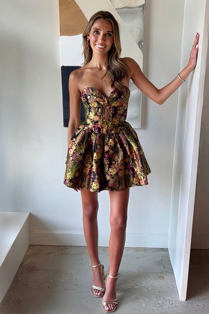Strapless Jacquard Sweetheart A-Line Mini Dress