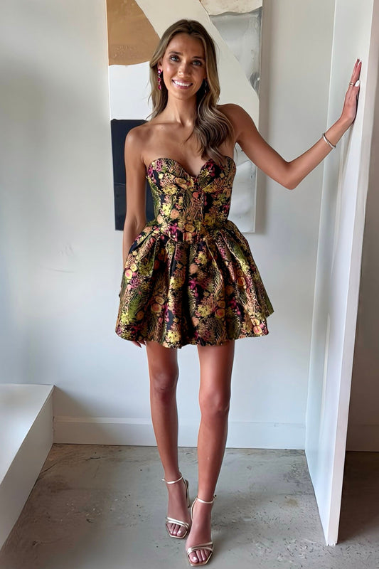 Strapless Jacquard Sweetheart A-Line Mini Dress