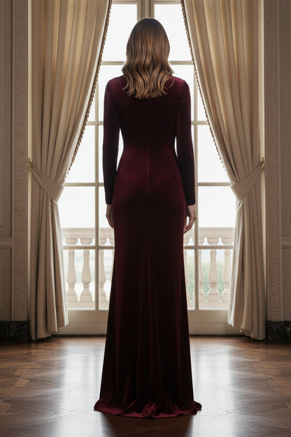 Long-Sleeve Velvet Floor-Length Evening Gown