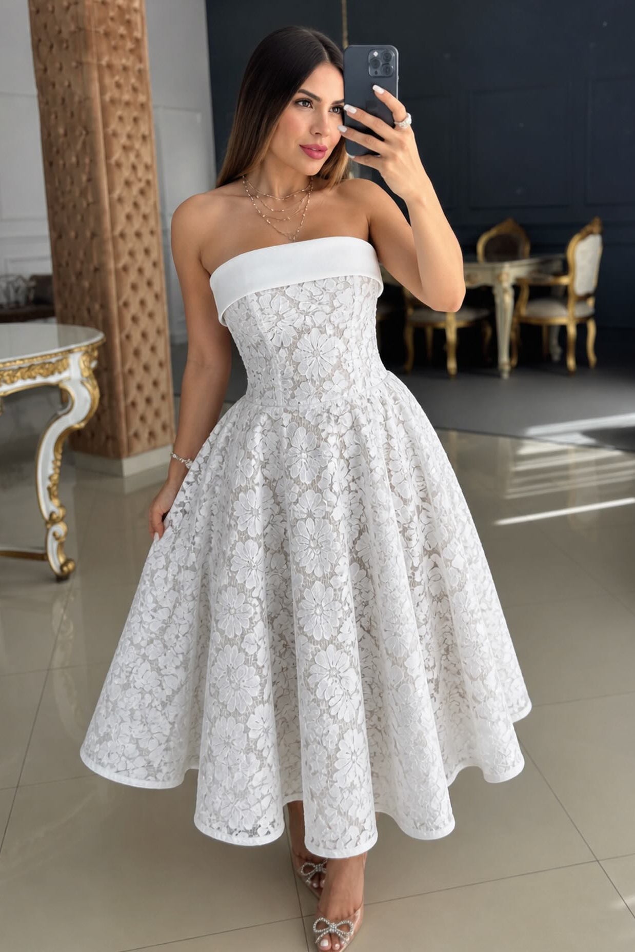 Strapless Floral Lace A-Line Midi Dress