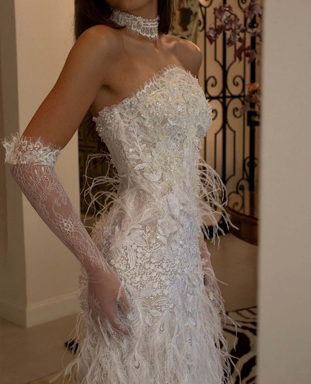 Strapless Feather Embellished Lace Wedding Dress