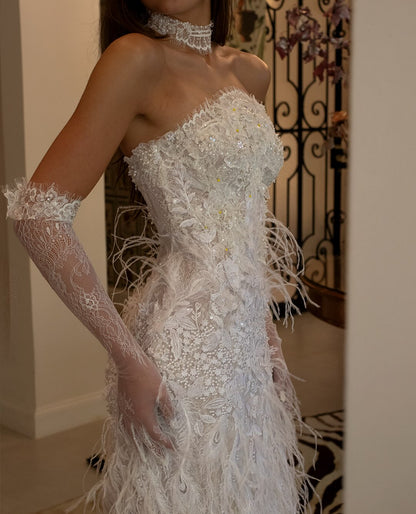 Strapless Feather Embellished Lace Wedding Dress