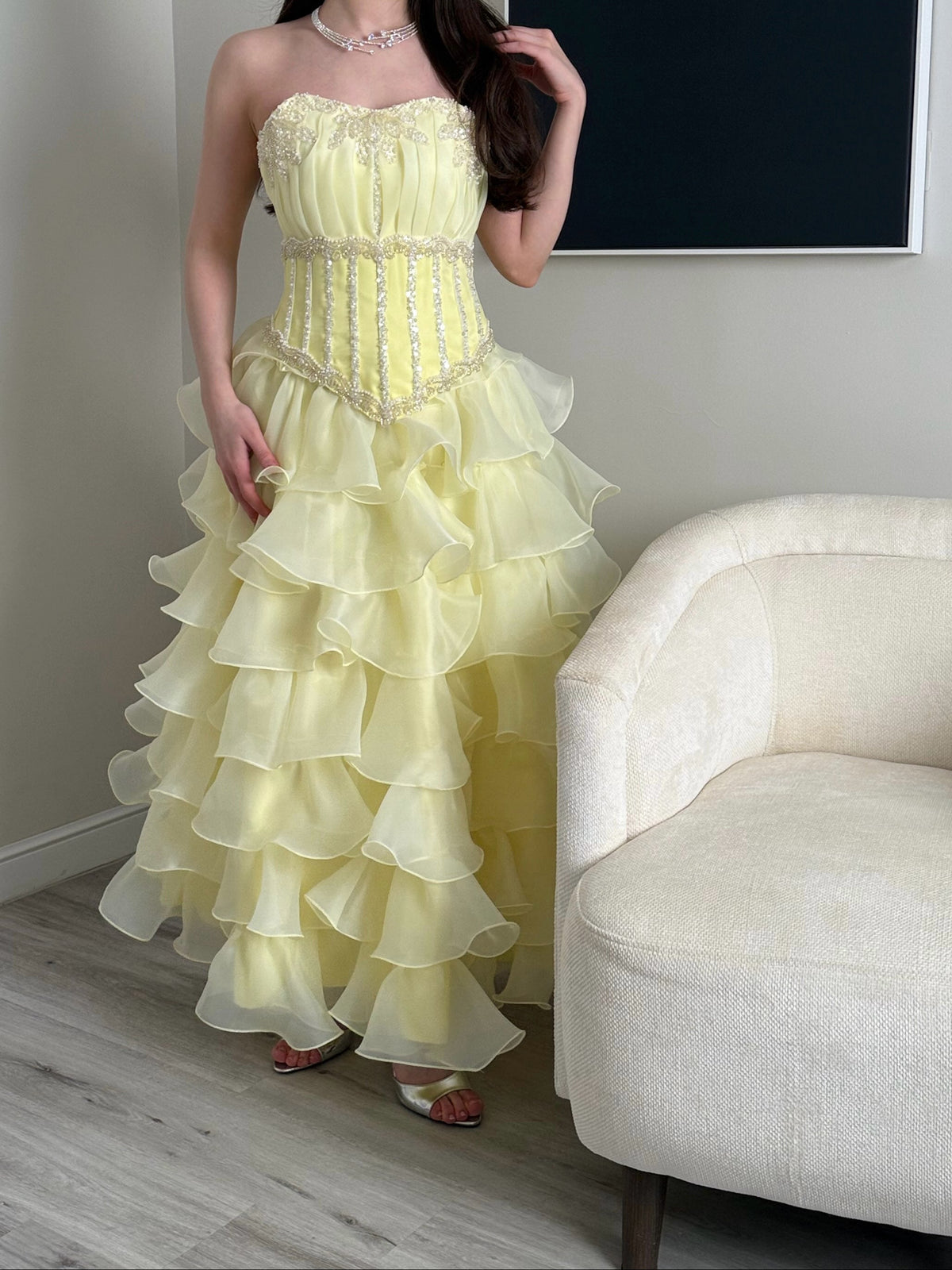 Strapless Tiered Ruffle Ball Gown with Beaded Bodice