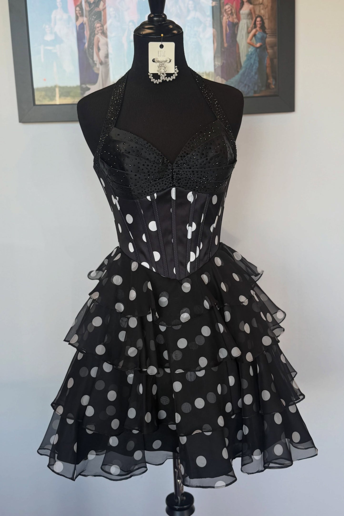 Polka Dot Corset Halter Tiered Ruffle Mini Dress