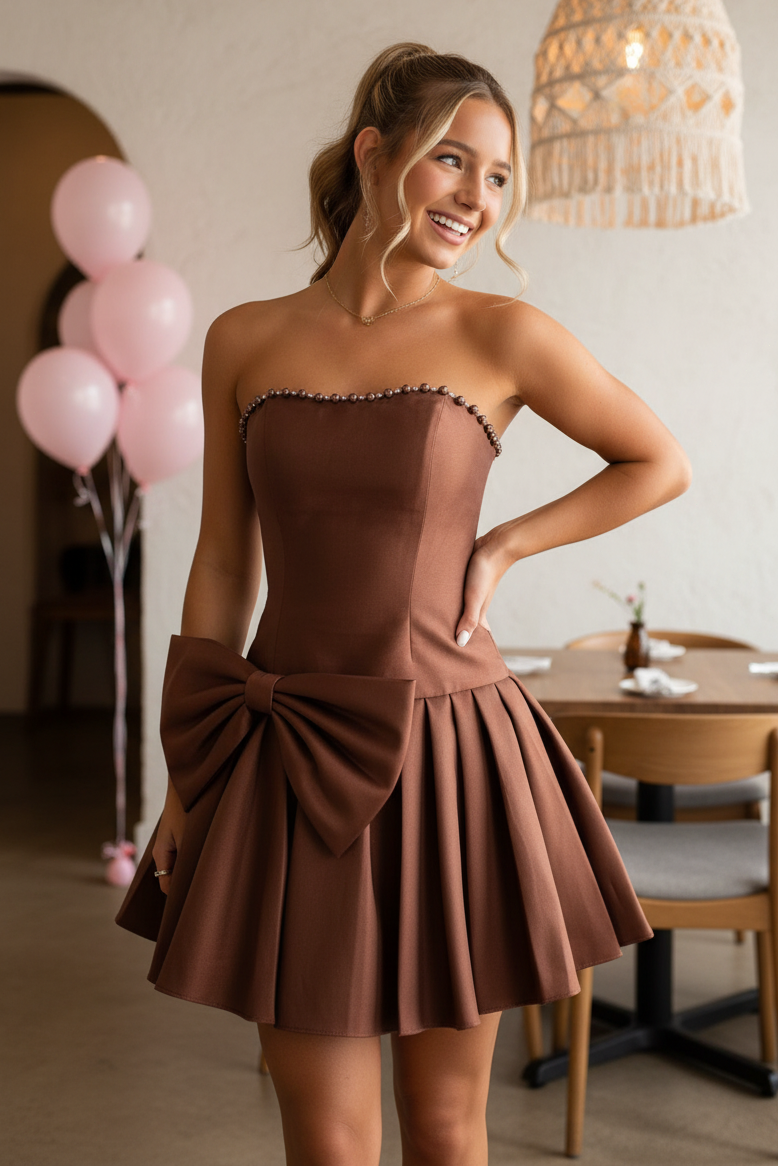 Strapless Pleated Mini Dress with Bowknot