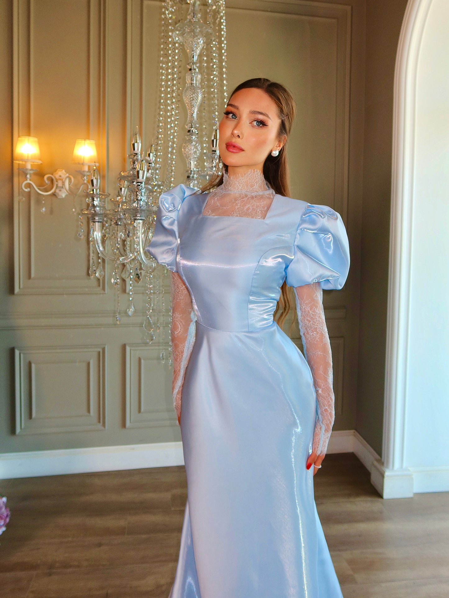 Puff Sleeve Illusion Lace Satin Mermaid Gown
