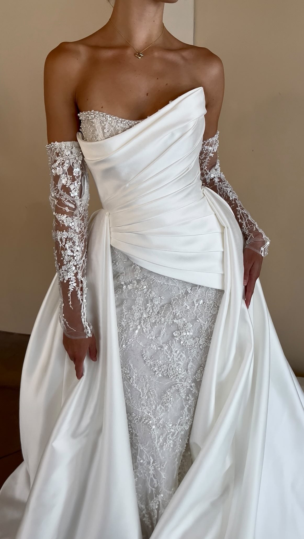 Pleated Satin Bridal Gown with Embellished Lace Skirt