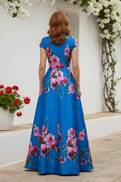 Floral Satin A-Line Evening Gown with Cap Sleeves